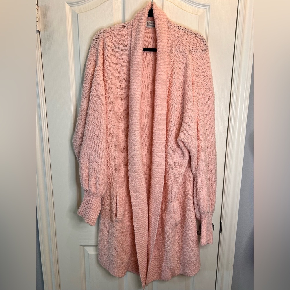 🌸”Karen Scott Vintage Baby Pink Nubby Knot Open Front Cardigan w/ Pockets Size L
